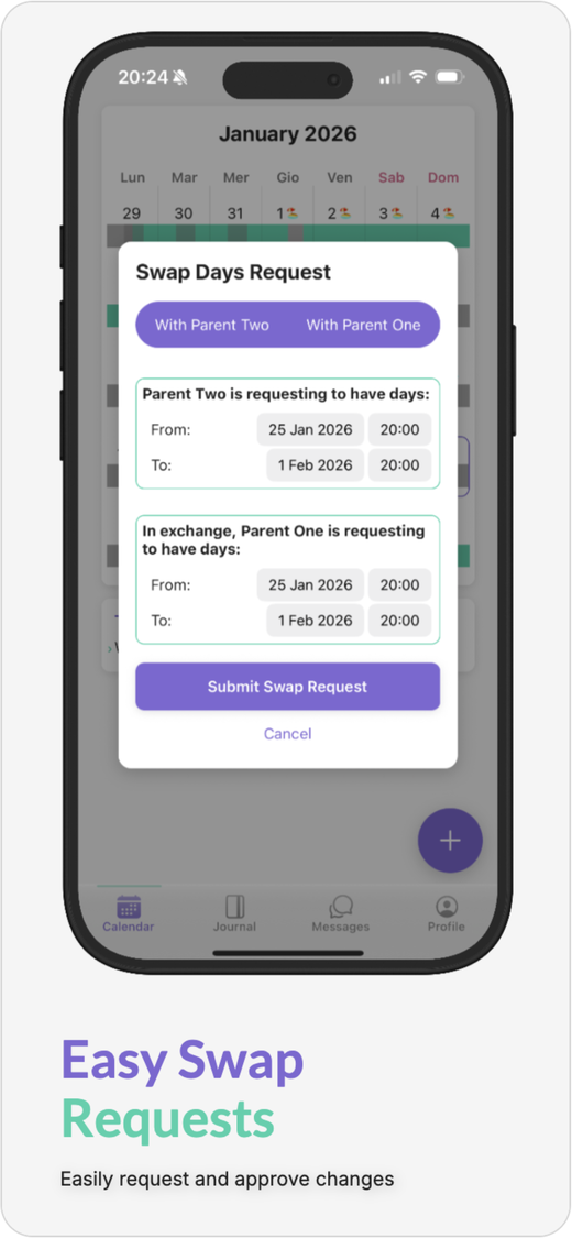 CoPals swap request screen: Easy Swap Requests — easily request and approve changes